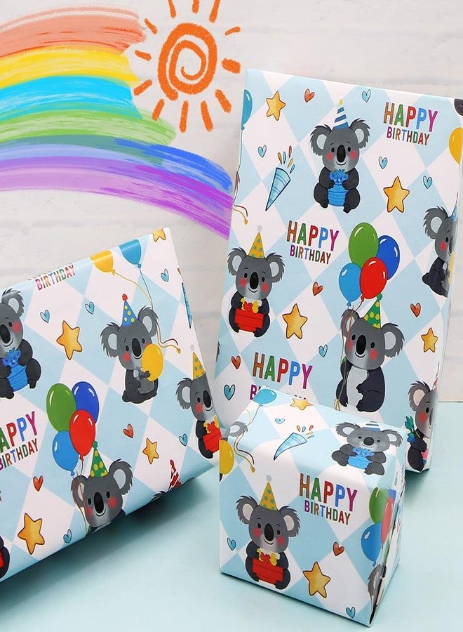 Boerni Koala Wrapping Paper Happy Birthday Wrapping Papers, Cute Koala Balloons and Gifts Printed on Blue White Checkered Background Gift Wrap Paper - 4 Sheets Folded Flat - for Birthday, Holiday, Wedding, Baby Shower Wrap - Image 5